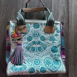 Floral Embroidered Tote Bag - Turquoise and Multicolor (Bonita)